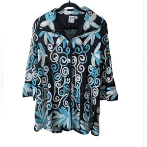 Parsley & Sage Soutache Artsy Bohemian Blue White Sheer Mesh Jacket Size Medium